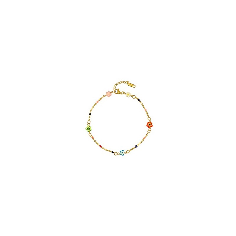 Bracelet acier inoxydable millefiori fleurs Doré-multicolore