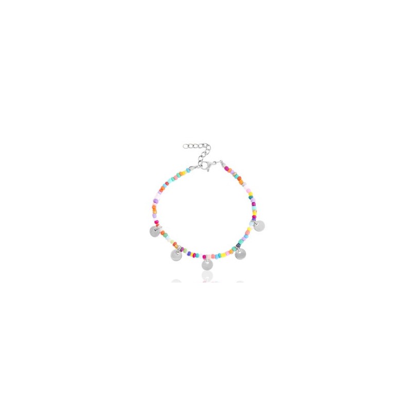 Bracelet acier inoxydable rocailles et médaillons ronds Argenté-multicolore