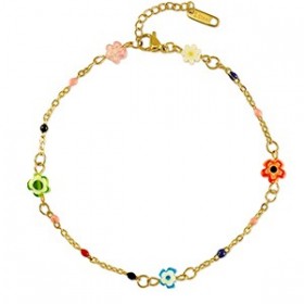 Chaines de cheville acier inoxydable millefiori fleurs Doré-multicolore