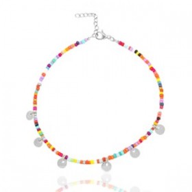 Chaînes de cheville acier inoxydable rocailles et médaillons ronds Argenté-multicolore