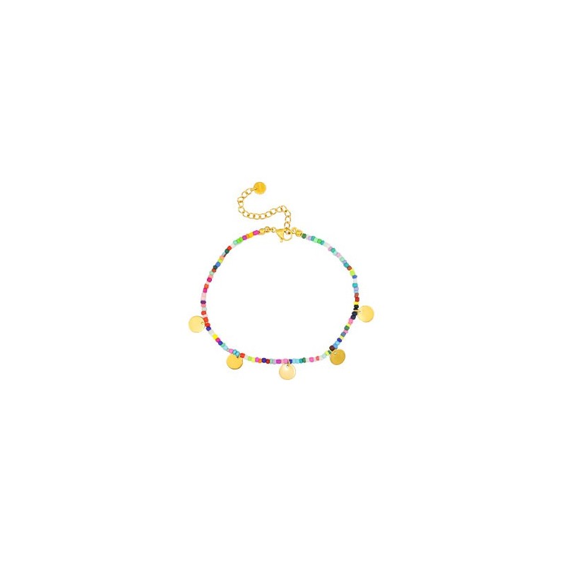 Chaînes de cheville acier inoxydable rocailles et médaillons ronds Doré-multicolore
